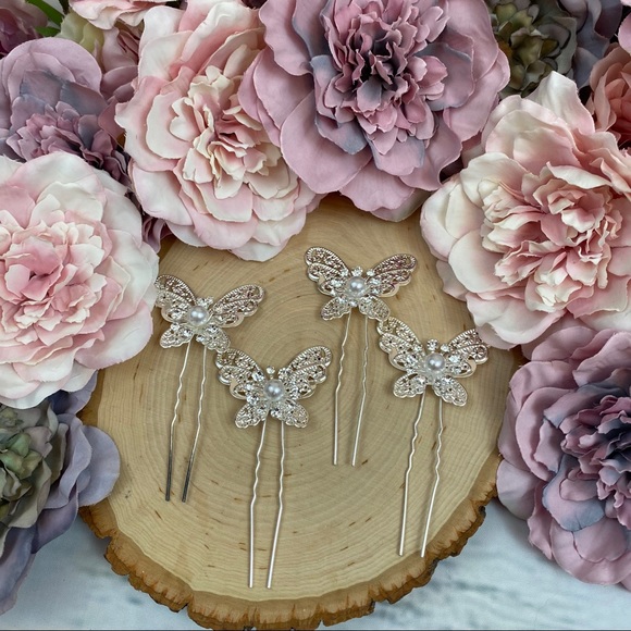 4 Pcs Crystal Butterfly Bridal Hair Pin Set - Picture 6 of 15